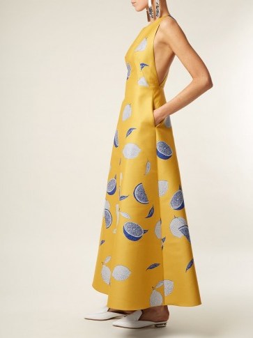VIKA GAZINSKAYA Lemon-jacquard cotton-blend dress ~ yellow fit and flare cross back maxi dresses - flipped