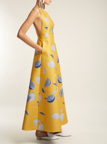 VIKA GAZINSKAYA Lemon-jacquard cotton-blend dress ~ yellow fit and flare cross back maxi dresses