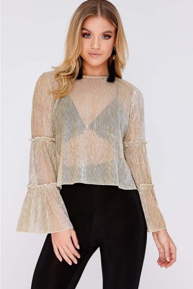 In The Style LENEA GOLD LUREX FRILL SLEEVE TOP | sheer tops