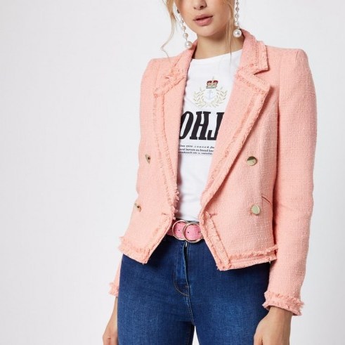 River Island Light pink boucle double-breasted jacket – smart frayed jackets - flipped