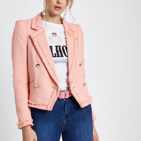 River Island Light pink boucle double-breasted jacket – smart frayed jackets