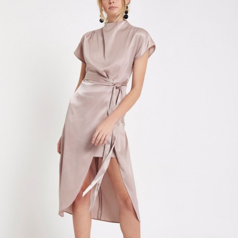 River Island Light pink thigh split cape sleeve dress – wide sleeve high neck party dresses – oriental style