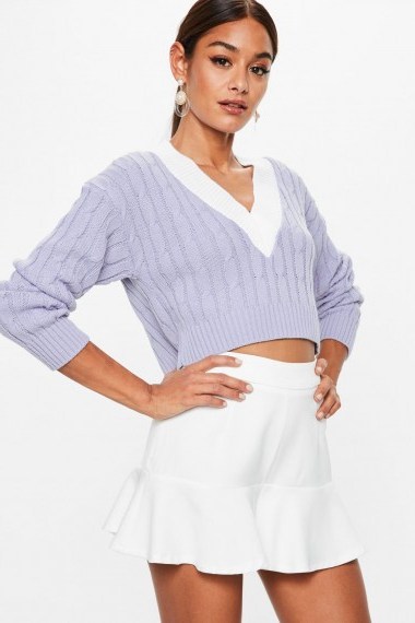 Missguided lilac cropped knitted cricket jumper ~ V-neck crop hem jumpers - flipped