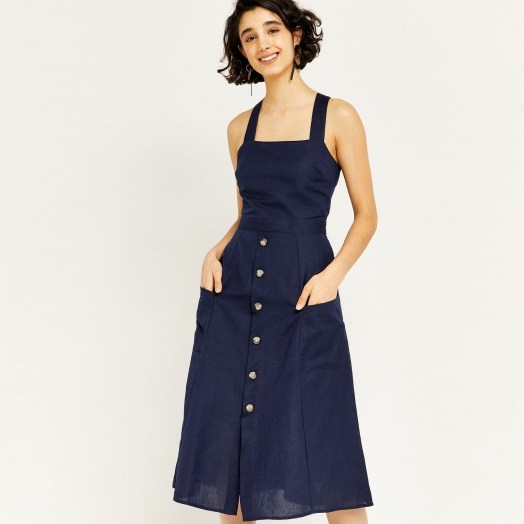 WAREHOUSE LINEN BUTTON THROUGH DRESS / classic navy blue sundress - flipped