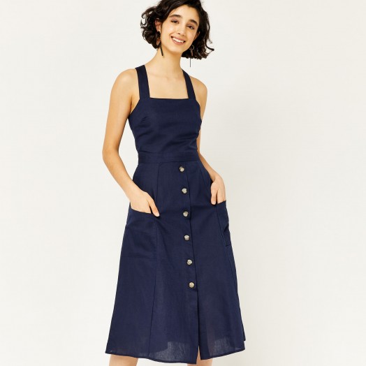 WAREHOUSE LINEN BUTTON THROUGH DRESS / classic navy blue sundress