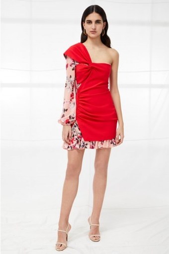 FRENCH CONNECTION LINOSA JERSEY ONE SLEEVE DRESS | pink and red party dresses - flipped