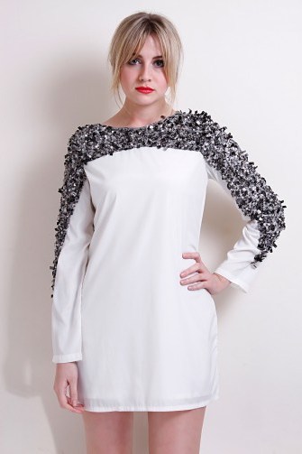 Liquorish Long Sleeved Shift Dress With Embroidered Shoulders ~ silver sequin party dresses - flipped