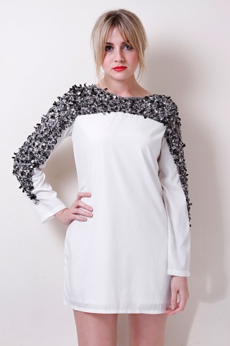 Liquorish Long Sleeved Shift Dress With Embroidered Shoulders ~ silver sequin party dresses