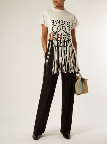 LOEWE Logo-print fringed silk and cotton-blend T-shirt ~ chic fringed tees - flipped