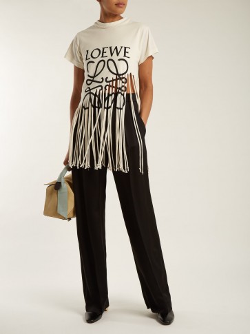 LOEWE Logo-print fringed silk and cotton-blend T-shirt ~ chic fringed tees
