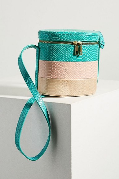 ANTHROPOLOGIE Louisa Striped Bucket Bag in turquoise | Croc embossed colour block bags - flipped