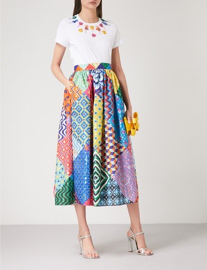 MARY KATRANTZOU Egret high-rise jacquard midi skirt ~ multicoloured patchwork print skirts ~ metallic thread - flipped
