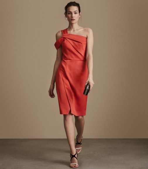Reiss MELISSA ONE-SHOULDER COCKTAIL DRESS SCARLET ~ red asymmetric neckline party dresses - flipped