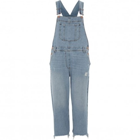 RIVER ISLAND Mid blue wash denim dungaree | distressed overalls - flipped