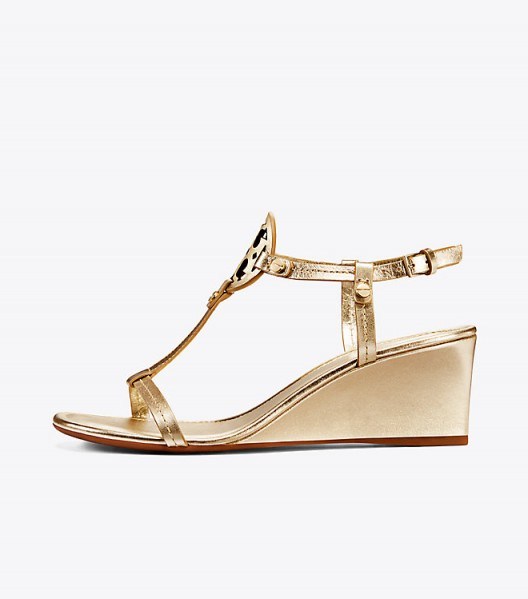 TORY BURCH MILLER WEDGE SANDAL, METALLIC LEATHER. LUXE SANDALS - flipped