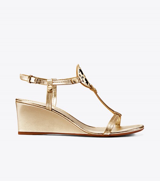 TORY BURCH MILLER WEDGE SANDAL, METALLIC LEATHER. LUXE SANDALS