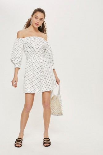 Topshop Mini Polka Dot Bardot Dress | off shoulder spot print dresses