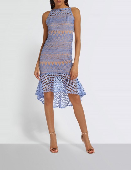 MISSGUIDED Flared-hem geometric lace mini dress – blue frilled hemline dresses