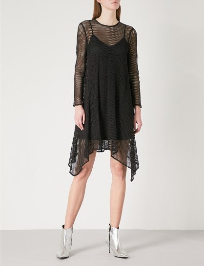 MO&CO. Black Handkerchief-hem mesh dress – asymmetric sheer overlay party dresses - flipped
