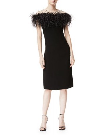 Monique Lhuillier Stretch-Crepe Illusion Sheath Dress w/ Feather Trim ~ chic cocktail dresses ~ French style evening dresses - flipped