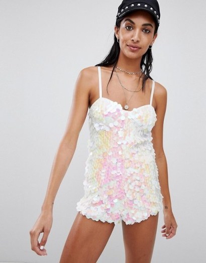 Motel Cami Playsuit In Sequin Oyster Shell. STRAPPY METALLIC PLAYSUITS - flipped