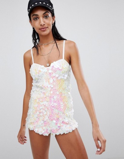 Motel Cami Playsuit In Sequin Oyster Shell. STRAPPY METALLIC PLAYSUITS