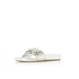 DUNE Nalia – Silver Floral Embellished Slip-On Sandal | metallic flat sandals