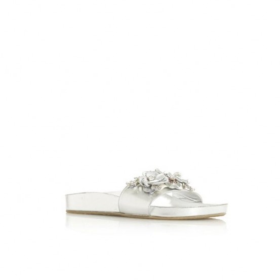 DUNE Nalia – Silver Floral Embellished Slip-On Sandal | metallic flat sandals - flipped