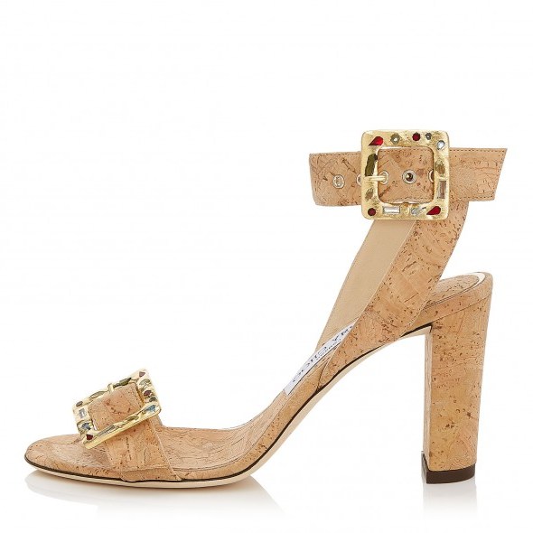 JIMMY CHOO DACHA 85 Natural Cork Sandals with Jewelled Buckle ~ luxe shoes - flipped