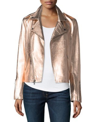 Neiman Marcus Leather Collection Zip-Front Metallic Leather Moto Jacket. ROSE GOLD BIKER JACKETS - flipped