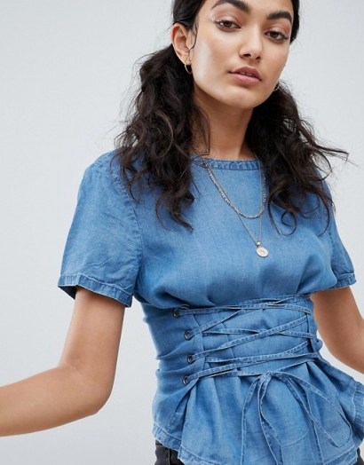 Noisy May Denim Top With Corset Detail | front lace-up tops - flipped