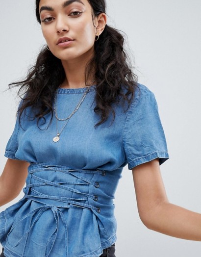 Noisy May Denim Top With Corset Detail | front lace-up tops