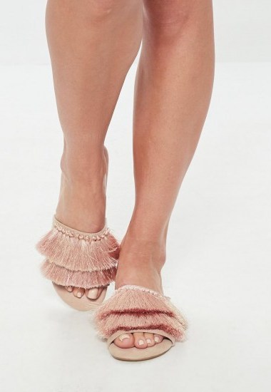 MISSGUIDED nude double tassle slip on sandals | fringed flats - flipped