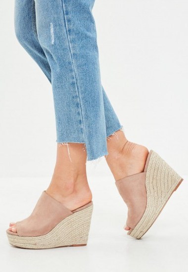 Missguided nude faux suede espadrille wedge heeled sandals | wedged peep toe mules - flipped