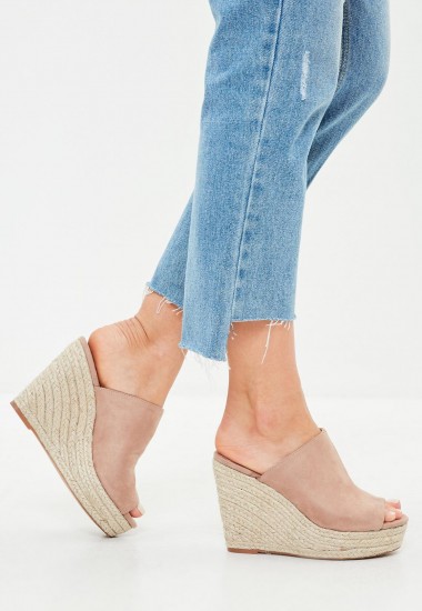 Missguided nude faux suede espadrille wedge heeled sandals | wedged peep toe mules