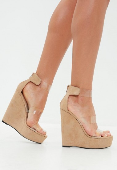 Missguided nude faux suede three strap perspex platform wedge sandals | clear straps | high strappy wedges