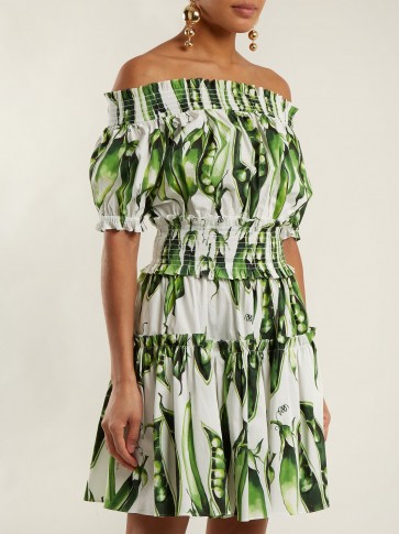 DOLCE & GABBANA Off-the-shoulder green broad-bean print cotton-blend dress ~ summer bardot dresses ~ Italian clothing