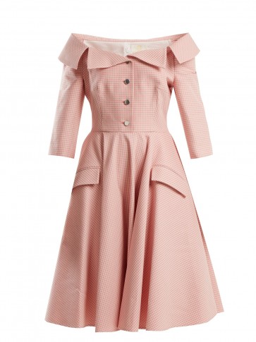 SARA BATTAGLIA Off-the-shoulder pink gingham dress / 50s vintage style fashion