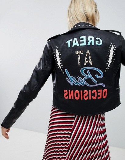 Only Leather Embroidered Look Biker Jacket With Studs ~ black slogan jackets - flipped