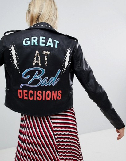 Only Leather Embroidered Look Biker Jacket With Studs ~ black slogan jackets