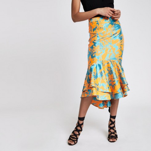 River Island Orange jacquard flute hem pencil skirt ~ shiny ruffle skirts