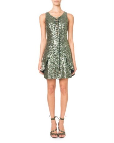 Pascal Millet Sleeveless Lace-Up Sequin Mini Cocktail Dress / green metallic ruffle trimmed party dresses / evening glamour - flipped