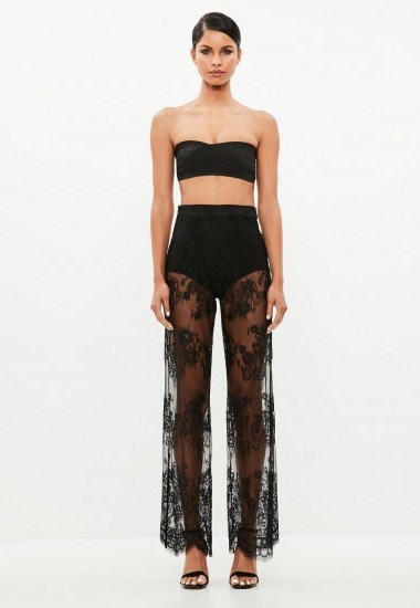 MISSGUIDED peace + love black lace flare leg trousers – sheer floral pants - flipped