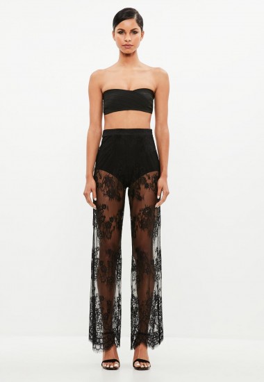 MISSGUIDED peace + love black lace flare leg trousers – sheer floral pants