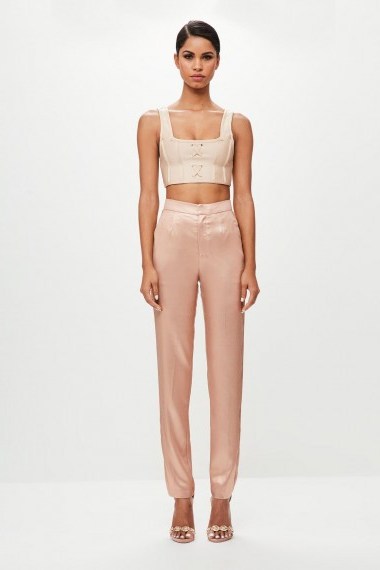 MISSGUIDED peace + love blush metallic long detail trousers – pink luxe style pants - flipped