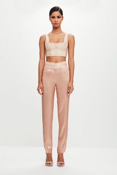 MISSGUIDED peace + love blush metallic long detail trousers – pink luxe style pants