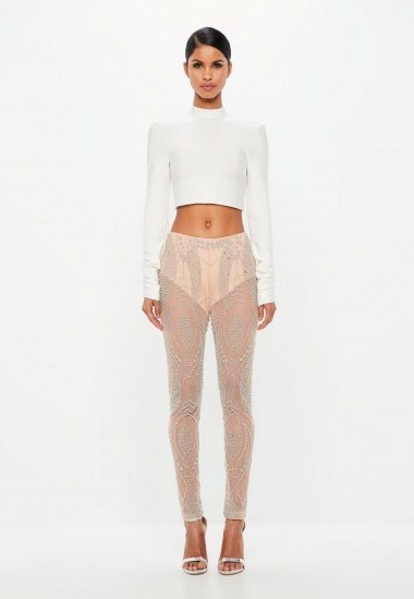 peace + love nude embellished sheer trousers – sequin pants - flipped