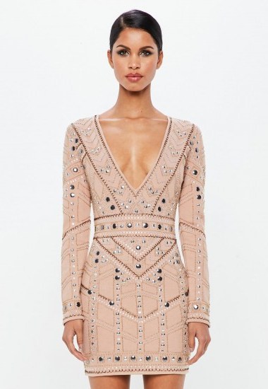 peace + love nude geo embellished plunge mini dress | plunging party dresses - flipped