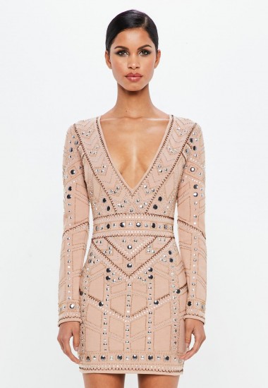 peace + love nude geo embellished plunge mini dress | plunging party dresses