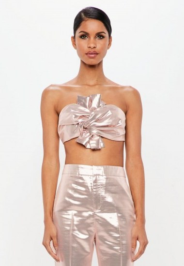 MISSGUIDED peace + love pink metallic bow detail crop top – luxe style going out tops - flipped